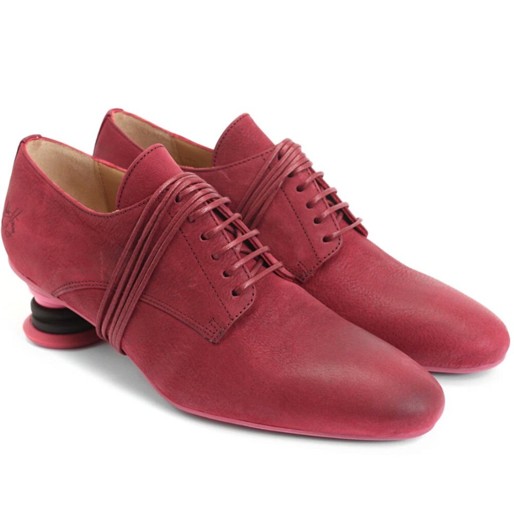 Pink John Fluevog Fairway Bermuda Shoe with wraparound laces